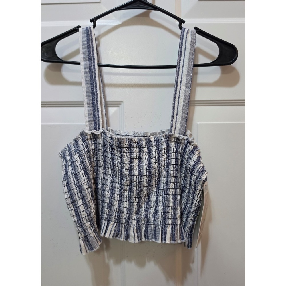 Rewash Brand Blue White Striped Smocked Crop Top Tank Sleeveless Linen Blend XL
